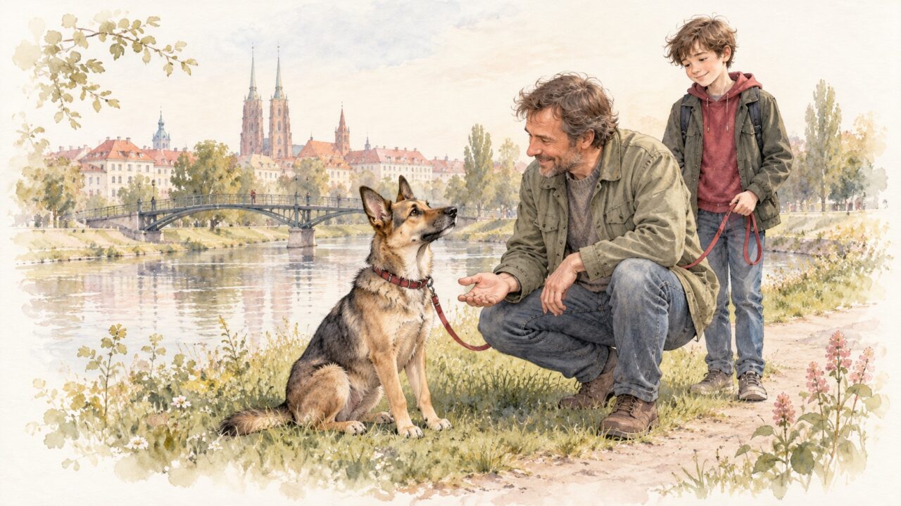Pies Elf podczas spaceru nad rzeką z Dużym i Młodym, jego nowymi opiekunami.